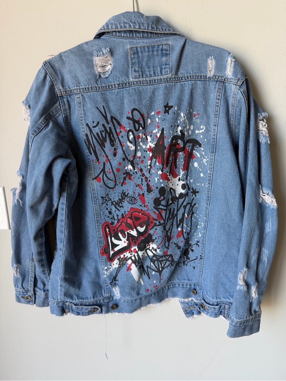 Light Blue Distressed Denim Jacket with Graffiti Back